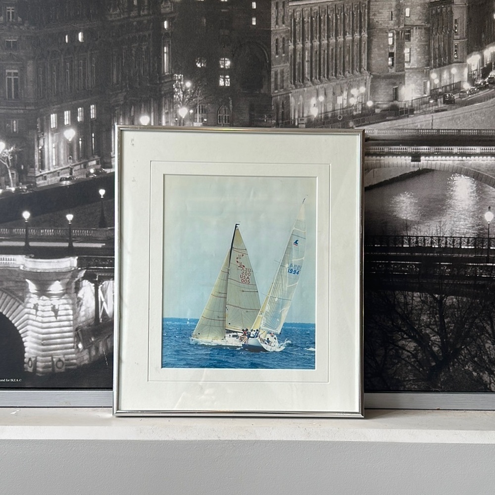 Vintage Nautical Photography Art with Blue and Silver Frame